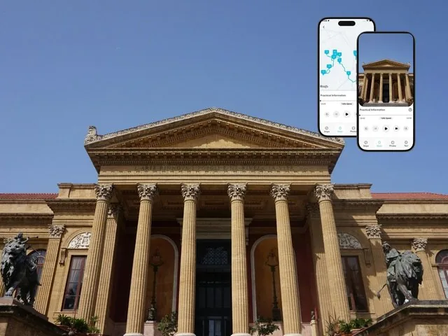 Klassisches Gebäude mit Säulen und Smartphone-Bildschirmen, die eine Tour-App zeigen.